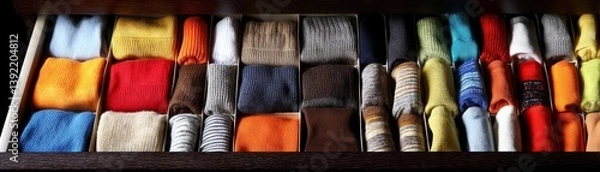 Fototapeta Open drawers revealing meticulously organized socks, underwear, and other clothing items in a dresser - pattern seamless texture