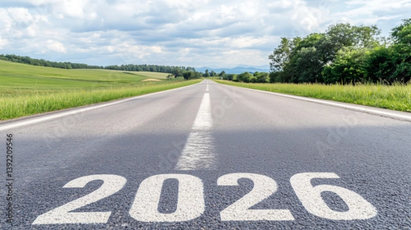 Fototapeta Open road with 2026 marking under cloudy sky in countryside setting