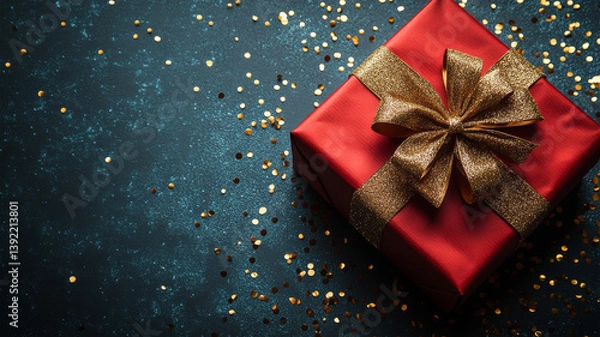 Obraz Red gift box with gold ribbon bow and golden conetti on blue background, top view, copy space. Luxury Background for Greeting Card for Birthday, Anniversary, Fathers Day, Mother's Day, Christmas