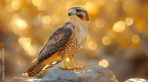 Fototapeta A majestic hawk perched on a rock with a shimmering golden bokeh background, showcasing its striking feathers and keen gaze