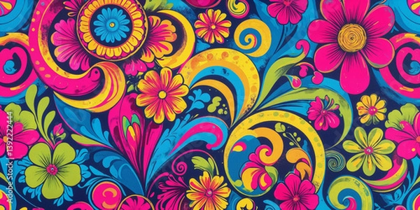 Obraz Vibrant Floral Pattern With Retro Psychedelic Style For Textile And Backgrounds
