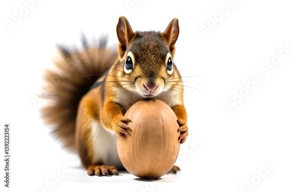 Fototapeta Close-up of a squirrel with a huge nut in its paws, on a white background, with space for text. 