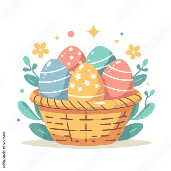 Fototapeta Colorful Easter eggs in woven basket with flowers. Ideal for spring holiday graphics, seasonal promotions, and religious materials.