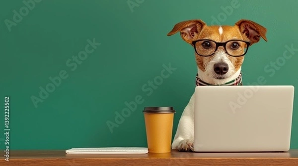 Fototapeta Smart Dog in Glasses Working on Laptop with Coffee Cup on Desk Against Solid Green Background