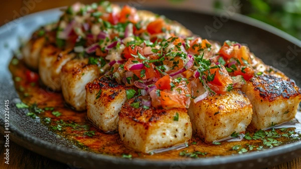 Fototapeta Crispy pan-seared cod cubes are generously topped with a fresh, vibrant salsa of diced tomatoes, red onions, and parsley.  Served on a dark plate with a rich sauce.