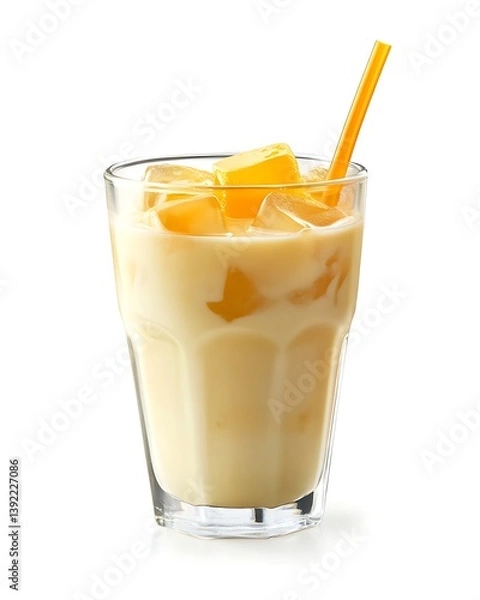 Fototapeta Mango drink with straw on table with plain background, for menu, recipe