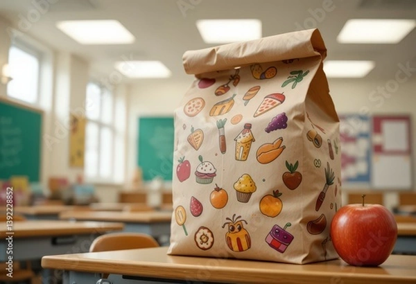 Fototapeta Decorated lunch bag and apple on school desk in brightly lit classroom setting.