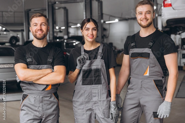 Fototapeta Group of three car service technician men and woman talking at workplace, people working together at vehicle repair garage service shop, check and repair customer car at automobile service center.