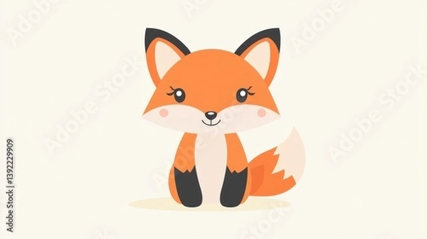 Fototapeta Cute cartoon fox sitting, simple background, children's illustration, possible use for kids' products