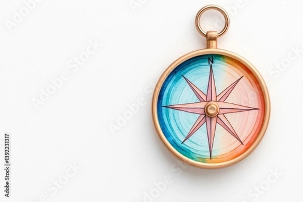 Obraz Serene Abstract Watercolor Sunrise Landscape with Compass Rose, Evoking Tranquility and Exploration