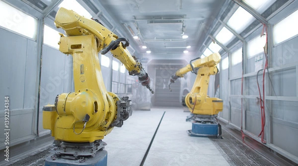 Fototapeta Automated Painting Robots in a Modern Factory
