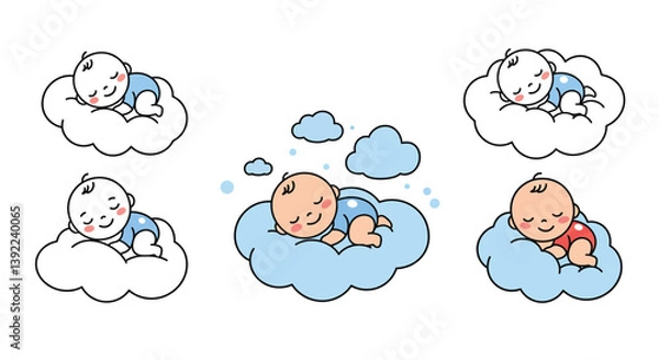 Obraz Cute baby sleeping on clouds in minimal vector illustration style with cheerful expressions and playful elements vector art