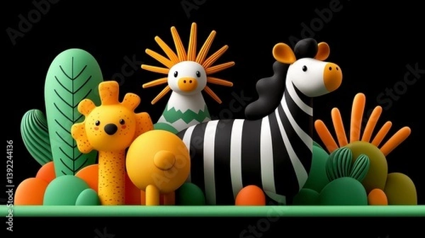 Fototapeta Playful Stylized Animal Figurines in Vibrant Green and Orange Foliage