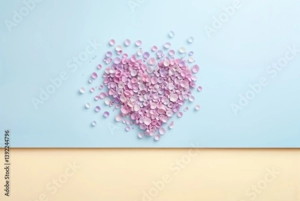 Obraz Herz aus pastellrosa und pastellfliederfarbenen Blütenblättern auf pastellblauem Untergrund vor pastellgelbem Hintergrund – zarte, minimalistische Liebesdarstellung in Pastellfarben  
