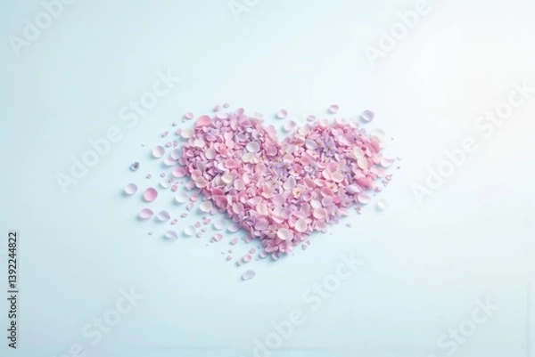 Obraz Herz aus pastellrosa und pastellfliederfarbenen Blütenblättern auf pastellblauem Untergrund vor pastellgelbem Hintergrund – zarte, minimalistische Liebesdarstellung in Pastellfarben  
