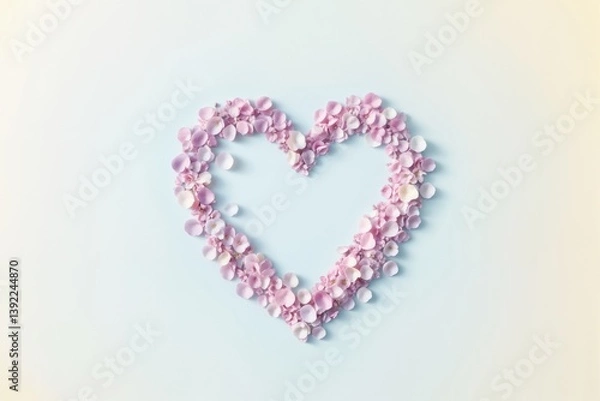 Obraz Herz aus pastellrosa und pastellfliederfarbenen Blütenblättern auf pastellblauem Untergrund vor pastellgelbem Hintergrund – zarte, minimalistische Liebesdarstellung in Pastellfarben  
