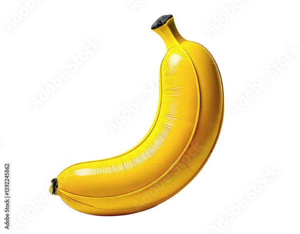 Fototapeta A vibrant yellow inflatable banana, meticulously detailed, rests against a minimalist white background.