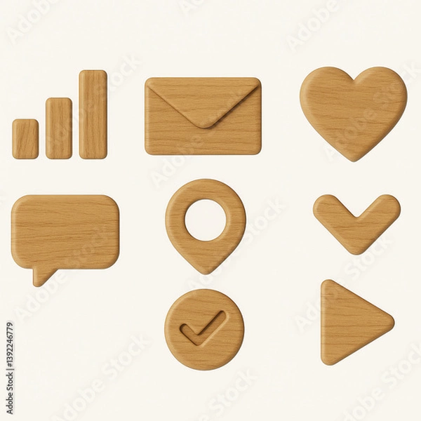 Obraz "Minimal 3D Wood Texture Icon Set for Modern UI Design | Natural Grain, Warm Tones, and Soft Shadows on Clean Monotone Background | 8K Ultra HD"