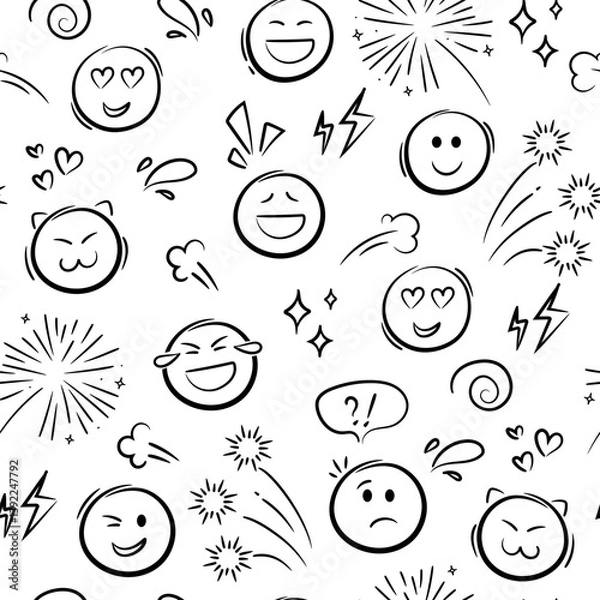 Fototapeta Cute Doodle emoji seamless pattern. Freehand emotion expression design. Sketch style ink brush background. 