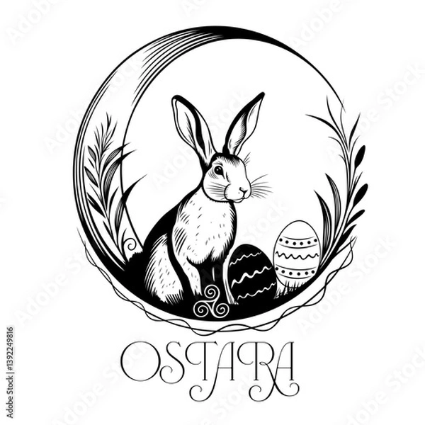 Fototapeta Ostara Mond mit Hase, Triskele, Gräsern und Eiern. Ostern Vektor für Pagan und Wicca.
