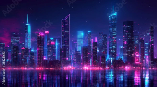 Fototapeta Futuristic city skyline illuminated by neon lights and reflections