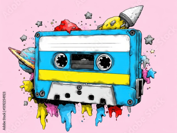 Fototapeta Retro Cassette Tape Pixel Art with Space Elements and Paint Splatter