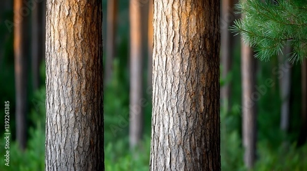 Fototapeta Forest detail bark textured trunks in the woods, green foliage