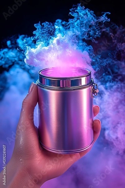 Fototapeta A hand holds a metallic container emitting vibrant purple and blue smoke, creating a mystical and futuristic aesthetic.