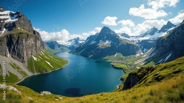 Fototapeta Landscape in Norway, Europe, captured at mid-day with sunny conditions, shot from a panoramic perspective.