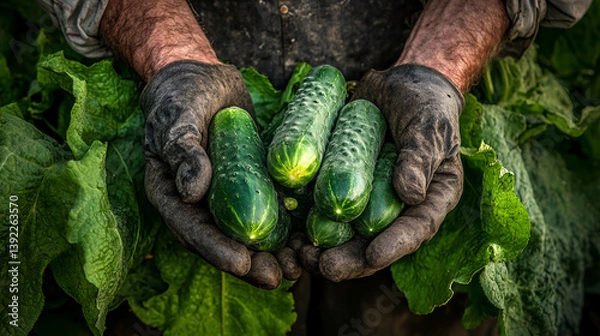 Fototapeta Close up of freshly harvested cucumbers in the hands of a Caucasian farmer with dirty gloves in a vegetable garden, organic farming concept for local produce, sustainability, health, gardening