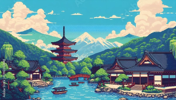 Fototapeta landscape with village and mountains