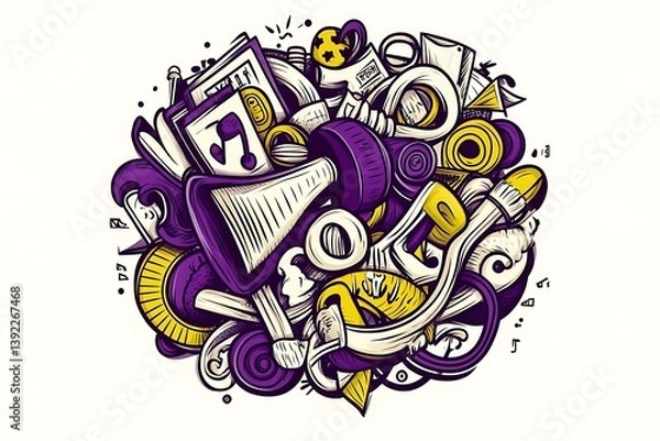 Obraz Vibrant Purple and Yellow Doodle Illustration with Megaphone and Geometric Shapes