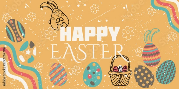 Fototapeta Happy Easter сolorful postcard - banner. Black basket with easter eggs with congratulations inscription, bunny ears on yellow background. Pencil hand drawn vector illustration with faded paper effect 