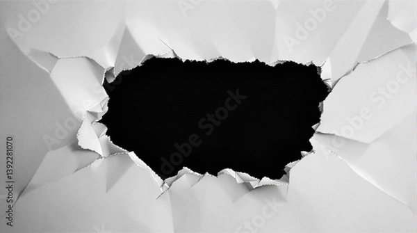 Fototapeta Ripped paper hole revealing black center concept representing breakthrough, opportunity, background transition, or hidden potential
