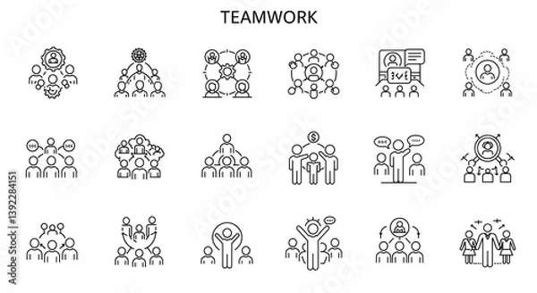 Obraz A collection of teamwork icons showing different styles of collaboration and group dynamics in black and white