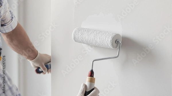 Fototapeta Hand painting white wall with roller brush symbolizing renovation, home improvement, interior transformation, and DIY creativity