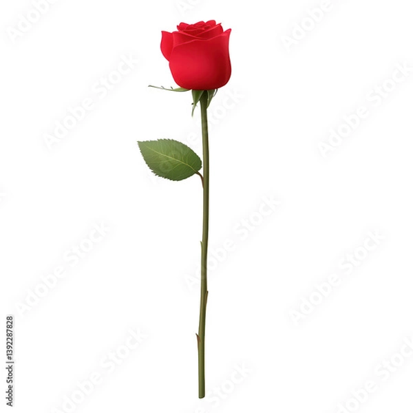 Fototapeta A beautiful red rose with green leaves, elegantly positioned against a white isolated background, symbolizing love and passion.