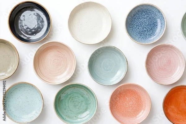 Obraz A collection of artisan ceramic bowls in pastel hues showcasing unique textures and subtle speckles isolated on transparent background