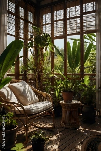 Obraz A wooden chair with a white pillow sits in front of a window with a view of a lu