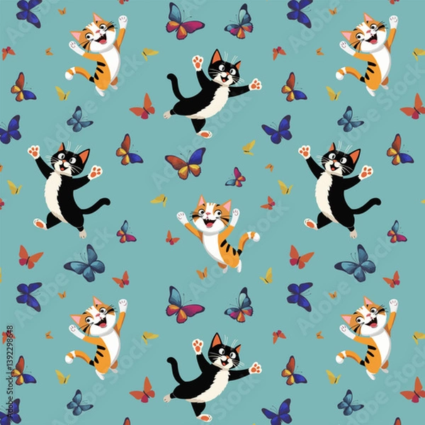 Obraz Kittens catch colorful butterflies.Vector seamless pattern with funny kittens and colorful butterflies on a blue background.