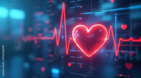 Fototapeta Glowing red heart symbol on a soft blue medical background.
