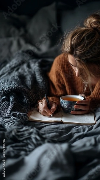 Fototapeta Woman journaling in bed with tea. She is cozied up in her blankets, writing in her notebook with a pen. Relaxing day at home.