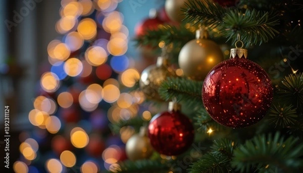 Fototapeta Elegant christmas tree set against a luxurious red and gold background evoking holiday cheer