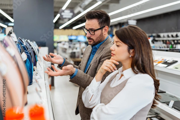 Fototapeta Beautiful and happy middle age couple buying consumer tech products in modern home tech store. They are choosing small kitchen appliances. People and consumerism concept.