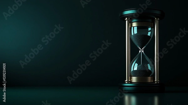 Fototapeta Classic wooden hourglass with flowing sand on rustic wooden table in low light, symbolizing time, patience, and countdown in a vintage concept for productivity, mindfulness, and timeless themes

