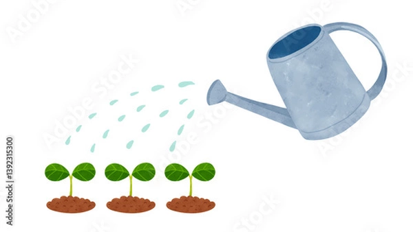 Fototapeta ブリキのジョウロと発芽した双葉　水彩風手描きイラスト