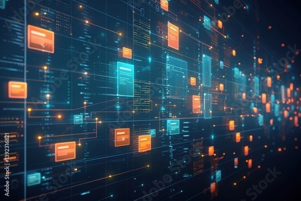 Obraz Digital data visualization with interconnected elements and vibrant colors.