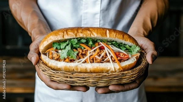 Obraz A Person Presents a Savory Banh Mi Sandwich in a Basket