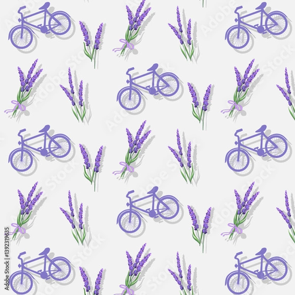 Fototapeta Lavender and bicycles in a pattern.Vector seamless pattern with lavender and stylized bicycles on a light background.