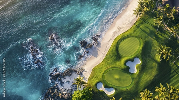 Fototapeta Aerial view of golf course by ocean with palm trees and sand